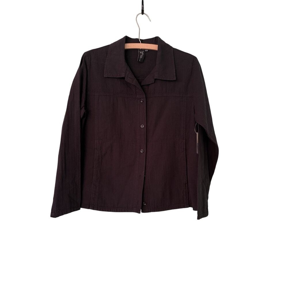 Focus Casual Life Top Shirt Womens Small Black Button Textured Pockets Art Boxy